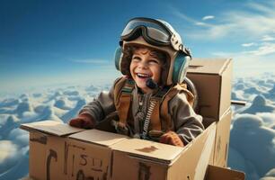 AI generated little boy flying a cardboard plane high in the sky photo