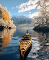 AI generated kayak on loch ness lake, snowy and icy, winter scenery photo