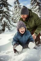 ai generado papá y hijo compartir risitas, bola de nieve lanzamientos, y Nevado aventuras foto