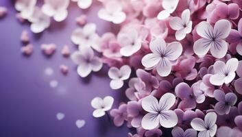 AI generated many hearts, flowers and hearts over purple background photo
