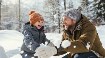 ai generado papá y hijo compartir risitas, bola de nieve lanzamientos, y Nevado aventuras foto