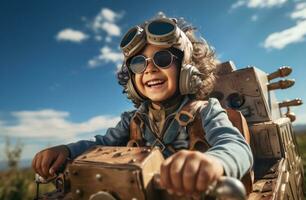 ai generado pequeño chico volador un cartulina avión alto en el cielo foto