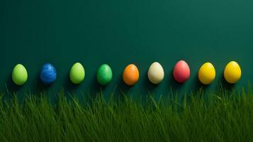 AI generated Easter eggs nestled in lush green grass on a vibrant green background, symbolizing the joy and renewal of the Easter season. Generative AI photo