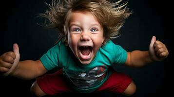 AI generated A young boy jumps into the air with joy. Generative AI photo