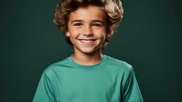 AI generated A cheerful boy with curly hair wearing a green shirt, displaying a bright smile. Generative AI photo