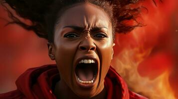 AI generated A terrified woman screams in front of a raging fire, her face full of fear and despair. Generative AI photo