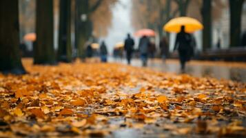 AI generated Fallen leaves and people walking with umbrellas under the pouring rain. Generative AI photo