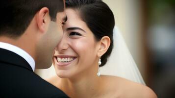 ai generado un alegre novia y novio intercambiar sonrisas, radiante felicidad en su especial día. generativo ai foto