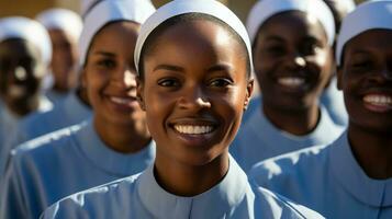 AI generated A group of young women in blue uniforms. Generative AI photo