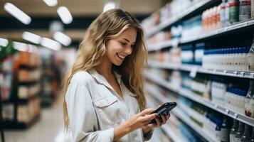 AI generated A beautiful fashion woman comparing products in a grocery store photo