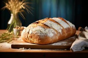 AI generated a large loaf of bread is sitting on a wooden board photo