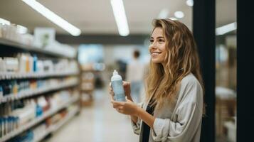 AI generated A beautiful fashion woman comparing products in a grocery store photo