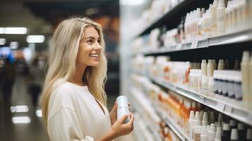 ai generado un hermosa Moda mujer comparando productos en un tienda de comestibles Tienda foto