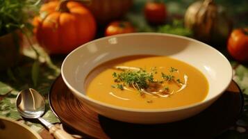 AI generated a bowl of pumpkin soup, topped with rosemary, sits on green vegetables photo