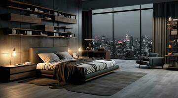 AI generated a grey bedroom with dark wooden furniture and large windows photo