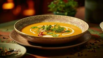 AI generated a bowl of pumpkin soup, topped with rosemary, sits on green vegetables photo