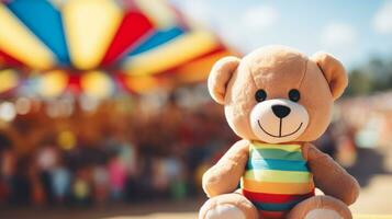 AI generated A striped-shirted teddy bear sitting in front of a vibrant carnival, filled with colorful rides and joyful people. Generative AI photo