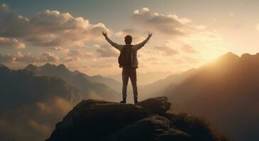 ai generado un hombre en pie en un montaña parte superior con su brazos elevado y ojos mirando arriba foto