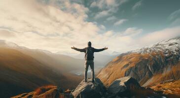 AI generated a man standing on a mountain top with his arms raised and eyes looking up photo