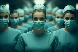 AI generated a group of women in nurses' uniforms with surgical masks photo