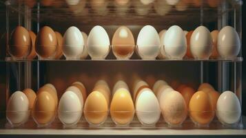 AI generated a photo showing eggs on trays in an open refrigerator