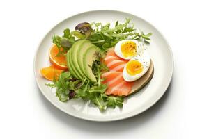 AI generated a plate with avocado and salmon with an egg on top photo