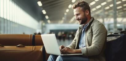 AI generated a man is sitting at an airport with his laptop in front of him photo