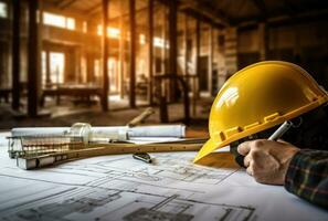 AI generated a hard hat sits on top of red blueprints on a table photo