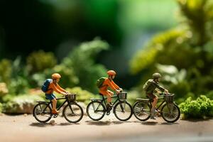 ai generado de viaje ciclistas miniatura cifras en bicicletas, verde bokeh fondo escena foto
