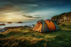AI generated Coastal adventure Camping tent and equipment with a sea view photo