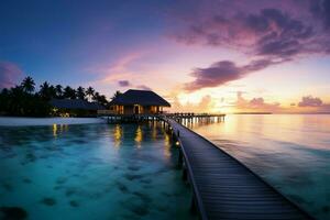 AI generated Luxury retreat Maldives sunset, tranquil scenery, and beach landscape panorama photo