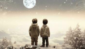 ai generado un imagen de dos Niños en el nieve mirando a el Luna foto