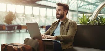 AI generated a man is sitting at an airport with his laptop in front of him photo