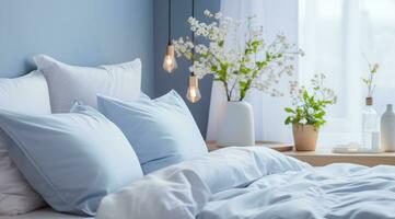 AI generated a blue and white bedroom with white bedding and pillows photo