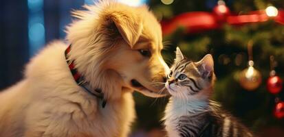 AI generated a puppy and kitten both kissed in front of a christmas tree photo