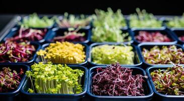 AI generated a selection of sprouts in trays in the window, photo