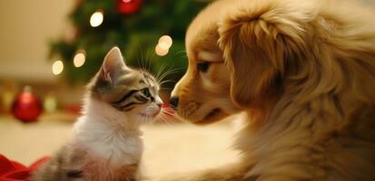 ai generado un perrito y gatito ambos besado en frente de un Navidad árbol foto