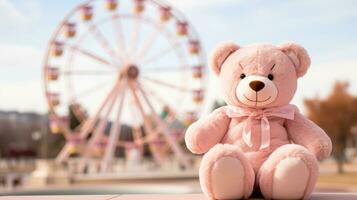 AI generated A pink teddy bear sitting in front of a ferris wheel, creating a cute and playful scene. Generative AI photo