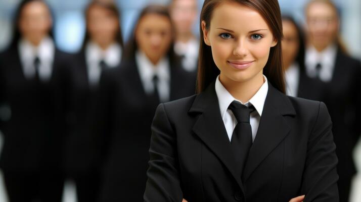AI generated A professional woman in formal attire stands before a gathering of business professionals. Generative AI
