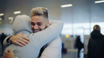 ai generado dos hombres abrazando calurosamente a un aeropuerto, expresando un sentido reunión o despedida. generativo ai foto