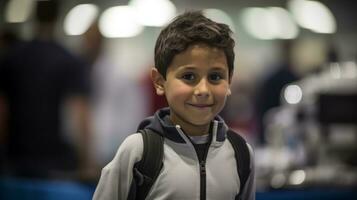 AI generated A cheerful young boy wearing a backpack poses happily in front of the camera. Generative AI photo