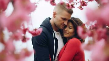 AI generated A couple lovingly embraces beneath a blooming pink tree, creating a beautiful and romantic scene. Generative AI photo