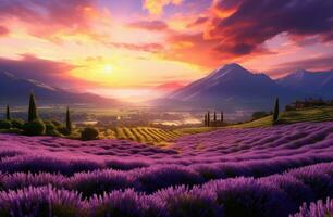 AI generated an image of purple lavender fields with sunset over them photo