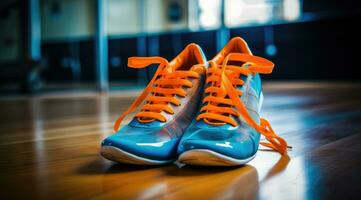 AI generated an orange and blue pair of sneakers, with blue laces photo