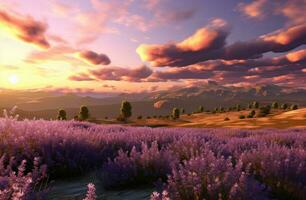 ai generado un imagen de púrpura lavanda campos con puesta de sol terminado ellos foto