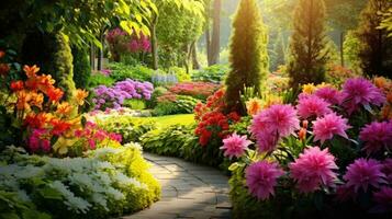 AI generated Vivid garden with vibrant flowers, flourishing plants, and ample space for your message photo