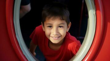 ai generado un alegre chico con un radiante sonrisa mirando mediante un circular ventana. generativo ai foto