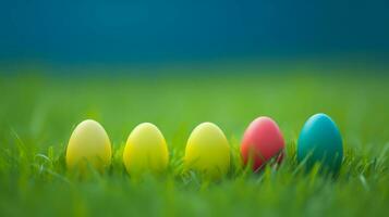 AI generated Easter eggs scattered in lush green grass, creating a colorful and festive scene of celebration. Generative AI photo