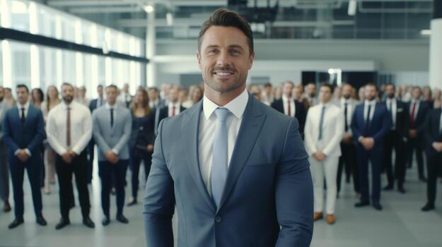 AI generated A man in a suit addressing a large group of people, symbolizing success. Generative AI photo