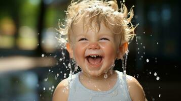 ai generado un alegre joven niño alegremente aerosoles agua, muy lleno dentro risa, creando un encantador momento de puro felicidad. generativo ai foto